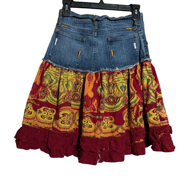 Mix Nouveau Boho Floral Print Ruffle Hem Frayed Jean Skirt Womens Small Red Blue - Picture 6 of 9